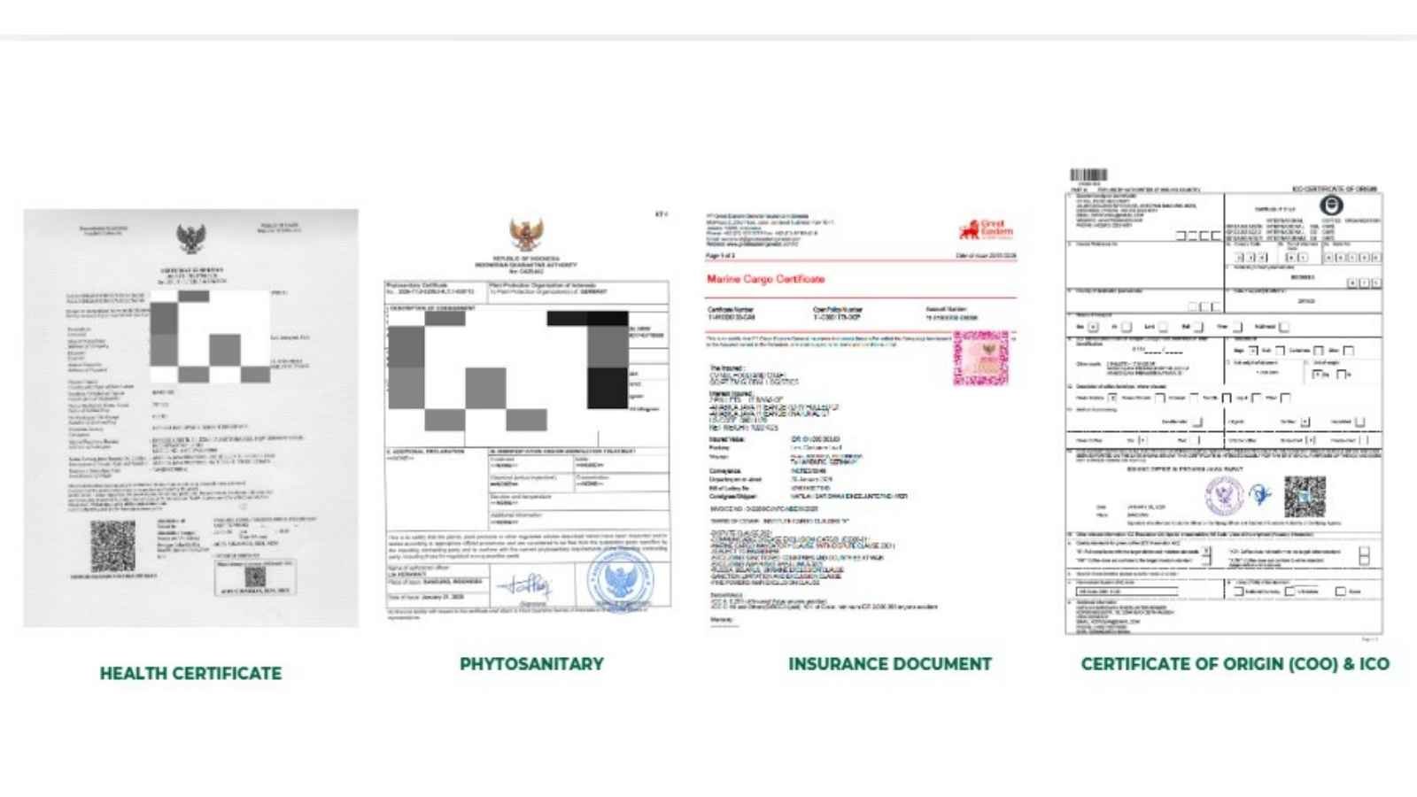 Health Certificate, Phytosanitary Certificate, COO, ICO Certificate, Marine Insurance